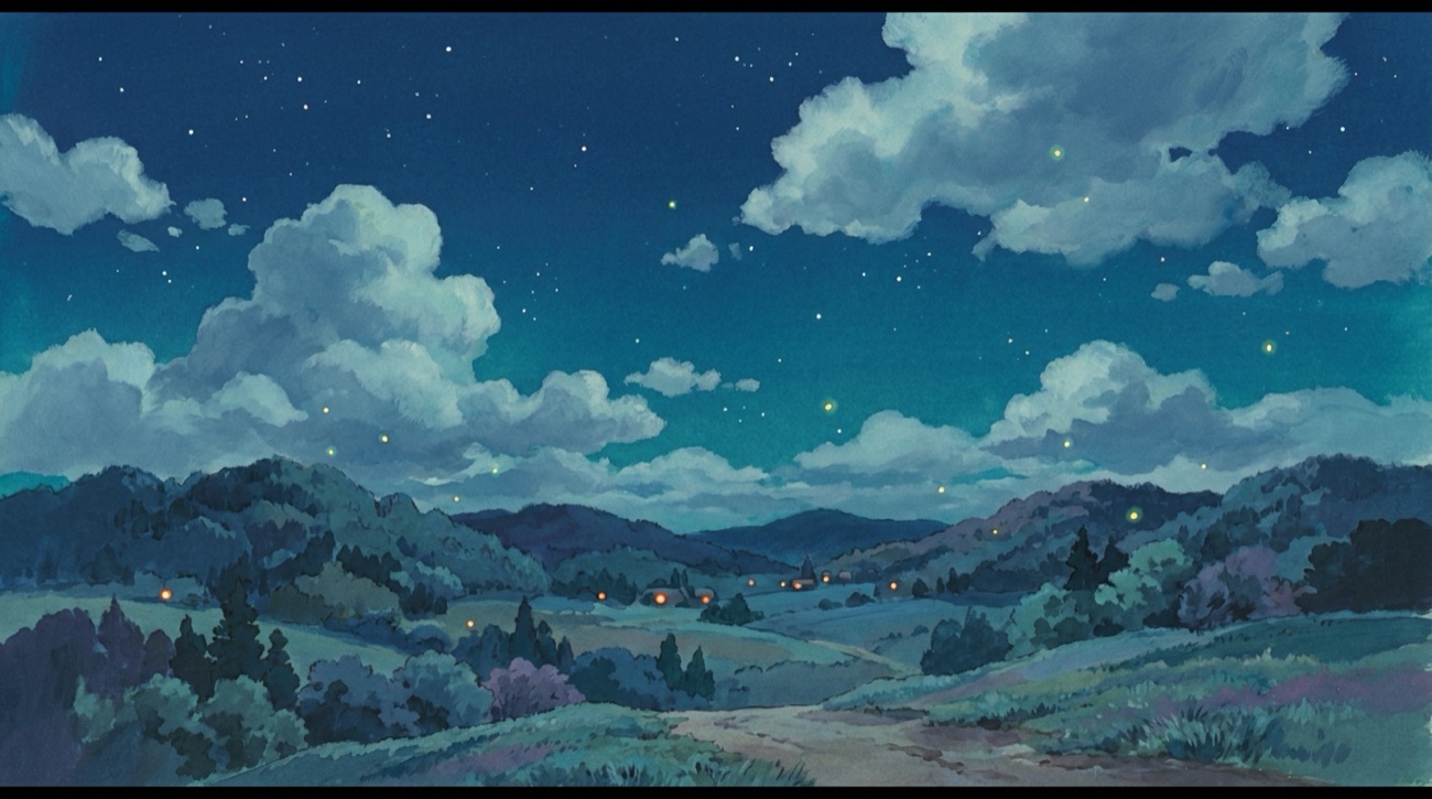 Fireflies over a village at night